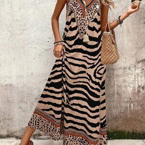 Khaki Boho Women's Elegant TigerPrint Loose Maxi Slip Dress